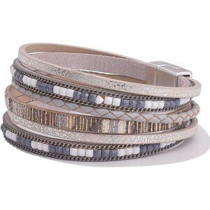 Boho Leather Wrap Bracelets Stackable Chain Magnetic Clasp for Women